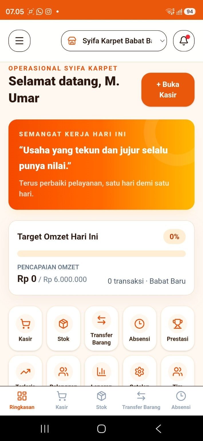 Tampilan dashboard aplikasi kasir dan operasional Syifa Karpet