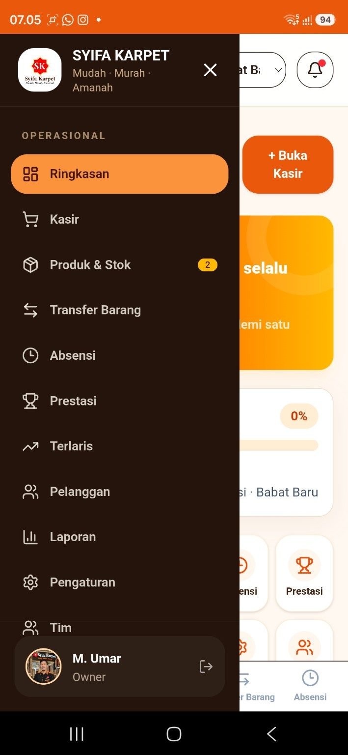 Menu aplikasi kasir Syifa Karpet